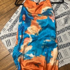 Ruched blue/orange halter mini dress NWT